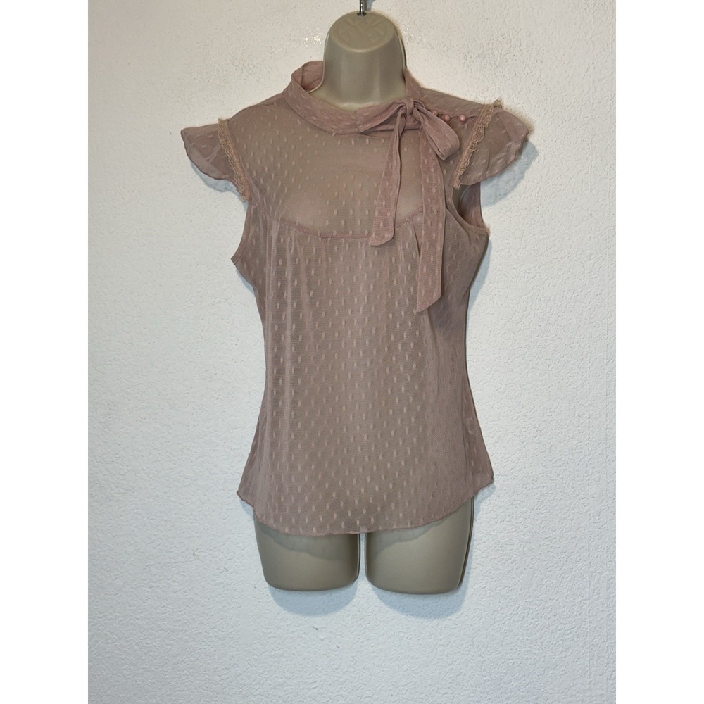 Lily White Pink Lace‎ Blouse Size L Sheer Bow Ribbon Y2K Romantic Coquette